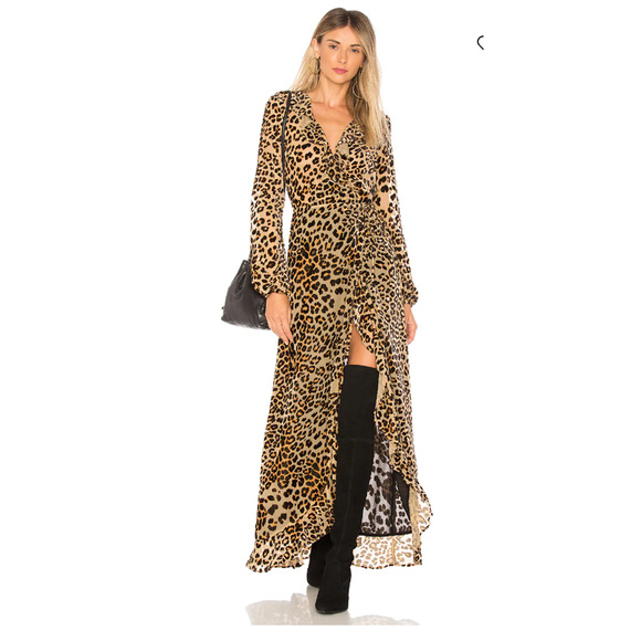House of Harlow 1960 Cheetah Print Lafayette Wrap Front Tie Maxi Dress Ruffle L - Picture 1 of 16